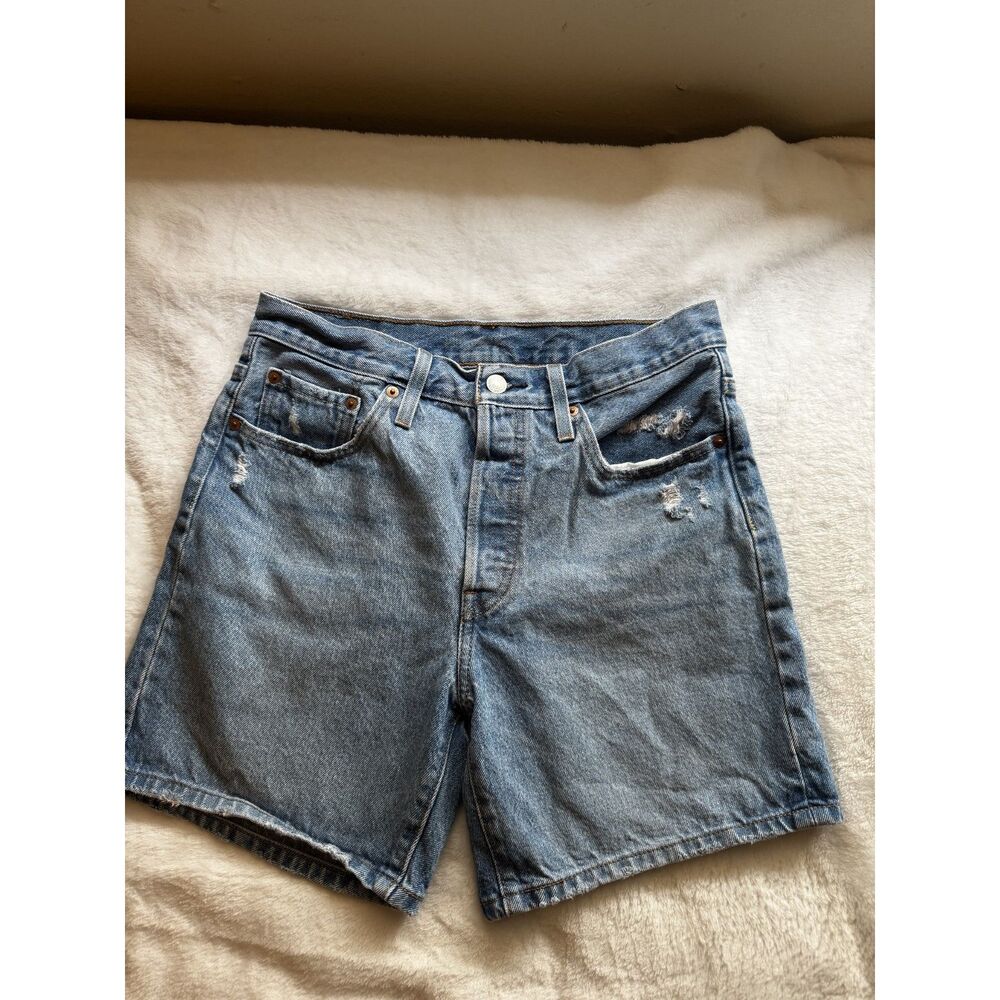 Levis 501 Denim Shorts Womens W28 Blue Distressed High Rise 90s Y2K Cotton